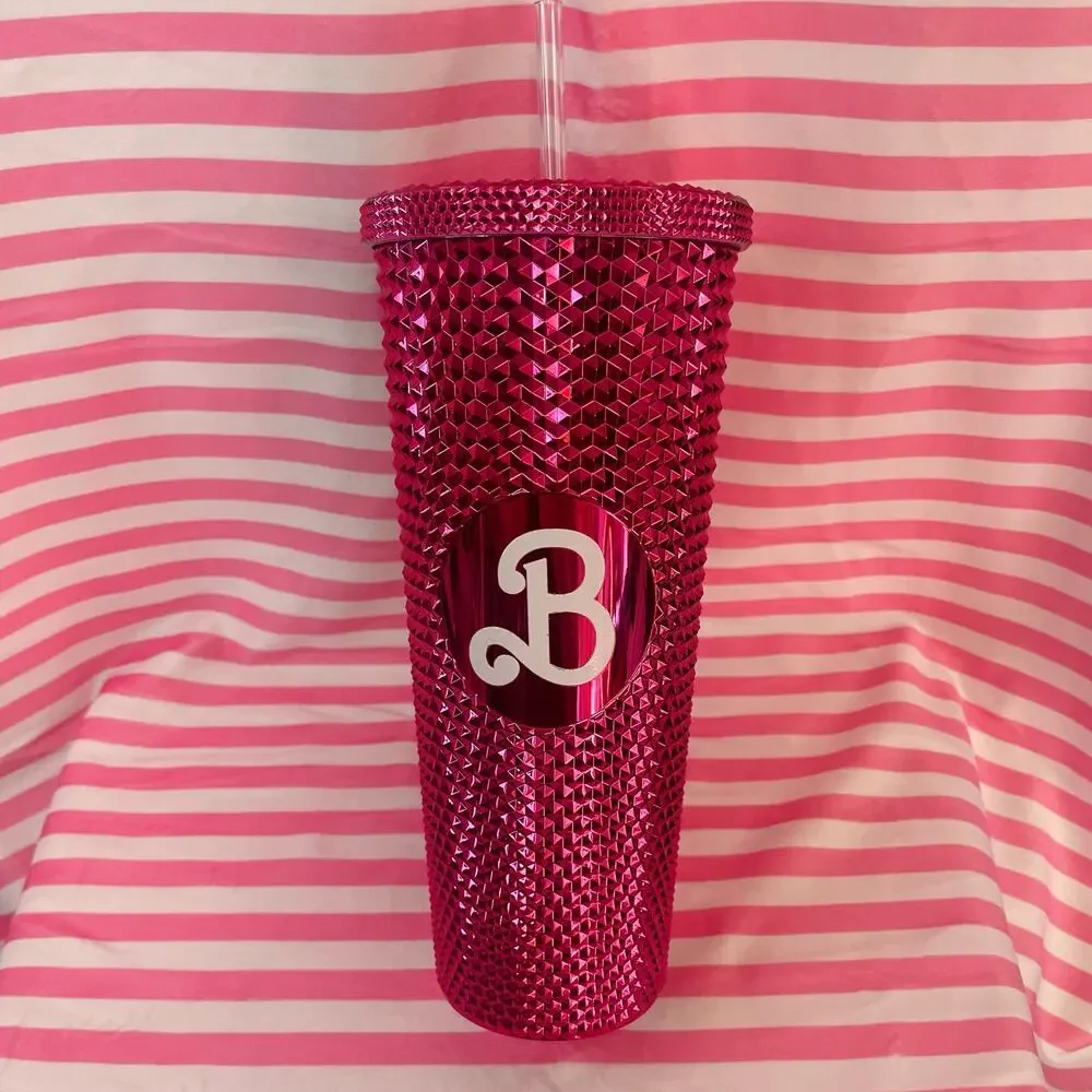Barbie 24 oz studded hot pink tumbler metallic double wall insulated plastic NWO